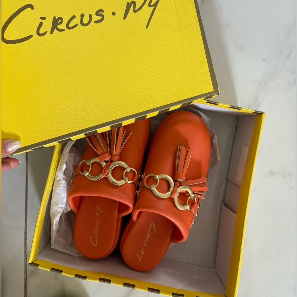 Circus by Sam Edelman Orange Slide Mules with Gold Chain and Tassels